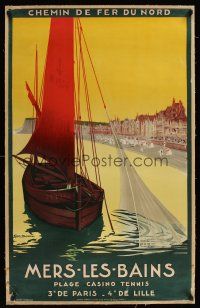 1g101 MERS-LES-BAINS linen French travel poster '36 great art of the beach, casino & tennis resort!
