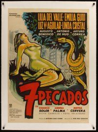 1g136 7 PECADOS linen Mexican poster '59 wild art of sexy Eve tempted by snake wrapped around tree!