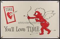 1g122 YOU'LL LOVE TIME linen special 28x44 '50s art of Cupid firing an arrow at a Time Magazine!