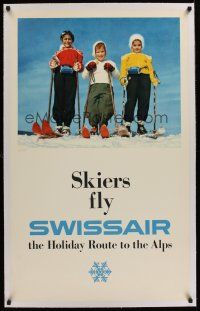 1g100 SKIERS FLY SWISSAIR linen Swiss travel poster '50s cute art of children on skis by Luthy Berm!