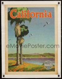 1g104 CALIFORNIA SANTA FE linen travel poster '50s cool art of palm trees & ocean by Oscar M. Bryn
