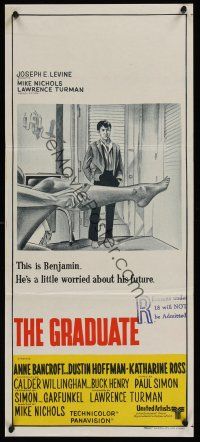 1h028 GRADUATE Aust daybill '68 Dustin Hoffman is worried about his future & Bancroft's sexy leg!