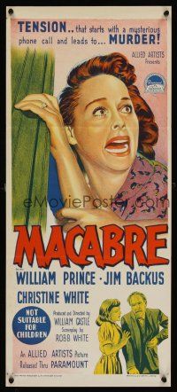 1h036 MACABRE Aust daybill '58 William Castle, different stone litho of terrified woman!