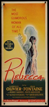 1h040 REBECCA Aust daybill R56 Alfred Hitchcock, cool stone litho of smoking glamorous woman!