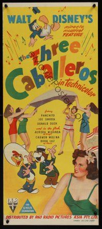 1h046 THREE CABALLEROS Aust daybill '44 Donald Duck, Panchito & Joe Carioca with sexy girls!