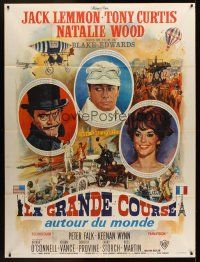 1h195 GREAT RACE style A French 1p '65 art of Tony Curtis, Jack Lemmon & Natalie Wood by Mascii!