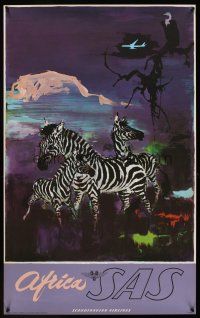 1j149 AFRICA SAS Danish travel poster1960s Scandinavian Airlines, art of zebras by Otto Nielsen!