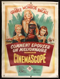 1j016 HOW TO MARRY A MILLIONAIRE linen French 1p '53 Grinsson art of Marilyn Monroe, Grable & Bacall