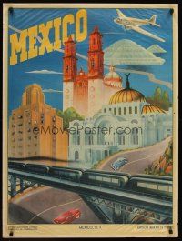 1j174 MEXICO, D.F. Mexican travel poster '40s cool artwork of the city & elevated train!