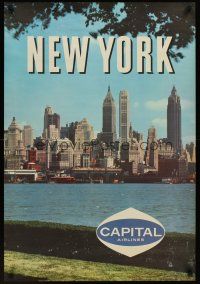 1j187 CAPITAL AIRLINES NEW YORK travel poster '60s great photo of the NYC skyline!