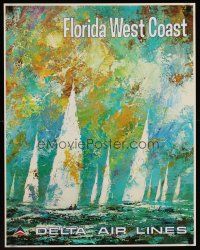 1j193 DELTA AIRLINES: FLORIDA WEST COAST travel poster '70s artwork of sailboats by Jack Laycox!