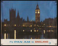 1j038 FLY PAN AM TO ENGLAND travel poster '60s cool image of Big Ben & Westminster at night!