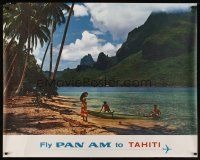 1j037 FLY PAN AM TO TAHITI travel poster '60s cool image of the beach, ocean & mountains!
