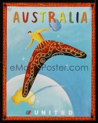 1j197 UNITED AIRLINES AUSTRALIA travel poster '04 art of man on giant boomerang by Sarah Wilkins!
