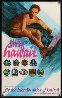 1j198 UNITED AIRLINES SURF HAWAII travel poster '60s rare, fantastic surfing artwork by Otero!