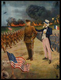 1j139 PERSHING IN FRANCE WWI war poster '17 Uncle Sam stands behind General Pershing by soldiers!