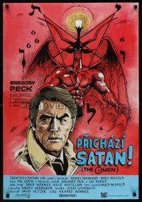 1k345 OMEN Czech 23x33 '76 Lee Remick, great different cartoon art of Gregory Peck & Satan!