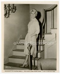 1m376 DORIS DAY 8x10 still '59 wardrobe test shot in pretty dress on stairs from Pillow Talk!