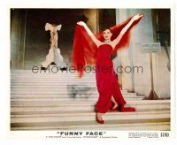 1m011 FUNNY FACE color 8x10 still '57 full-length Audrey Hepburn in sexy red dress on stairs!