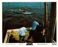 1m080 JAWS 8x10 mini LC #3 '75 Scheider, Shaw & Dreyfuss pointing gun at shark in the water!