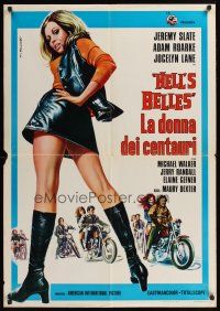 1r338 HELL'S BELLES Italian lrg pbusta '73 sexy too young too tough biker babe in leather skirt!
