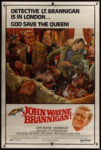 1s317 BRANNIGAN 40x60 '75 great Robert McGinnis art of fighting John Wayne in England!