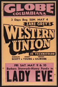 1s195 GLOBE COLUMBIANA MAY 4-10 local theater jumbo WC '40s Western Union, Sturges' The Lady Eve!