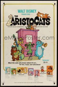 1w051 ARISTOCATS 1sh '71 Walt Disney feline jazz musical cartoon, great colorful image!