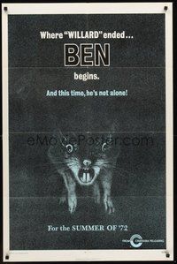 1w083 BEN teaser 1sh '72 Joseph Campanella, Arthur O'Connell, great image of rat!