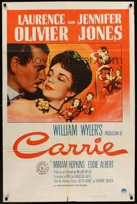1w163 CARRIE 1sh '52 romantic art of Laurence Olivier & Jennifer Jones, William Wyler
