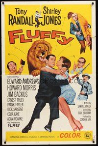 1w322 FLUFFY 1sh '65 great art of huge lion & Tony Randall w/pretty Shirley Jones!