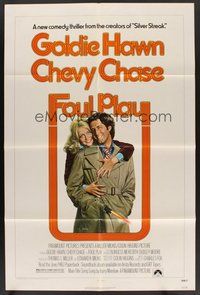 1w328 FOUL PLAY 1sh '78 wacky Lettick art of Goldie Hawn & Chevy Chase, screwball comedy!