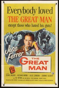 1w373 GREAT MAN style A 1sh '57 Jose Ferrer exposes a great fake, with help from Julie London!