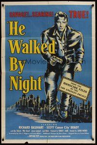 1w389 HE WALKED BY NIGHT 1sh '48 cool artwork of Richard Basehart looming over Los Angeles!