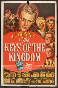 1w475 KEYS OF THE KINGDOM style A 1sh '44 religious Gregory Peck, Vincent Price, Thomas Mitchell!