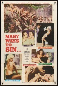 1w594 MANY WAYS TO SIN 1sh '70s William Mishkin, 13 sinners, sensuality, seduction & depravity!