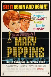1w598 MARY POPPINS style B 1sh R73 Disney classic, Dick Van Dyke with Julie Andrews!