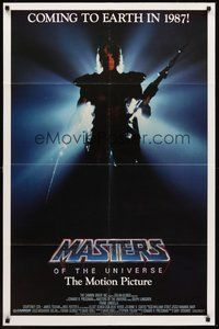 1w605 MASTERS OF THE UNIVERSE advance 1sh '87 shadowy image of Dolph Lundgren as He-Man!