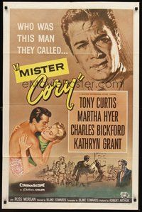 1w620 MISTER CORY 1sh '57 art of professional poker player Tony Curtis & kissing sexy Martha Hyer!