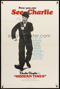 1w623 MODERN TIMES 1sh R72 great full-length image of Charlie Chaplin with cane!