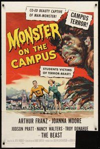 1w625 MONSTER ON THE CAMPUS 1sh '58 Jack Arnold directed, great artwork of beast amok at college!