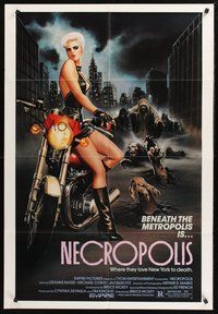 1w647 NECROPOLIS 1sh '86 art of sexy LeeAnne Baker on motorcycle w/zombies!