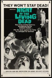 1w651 NIGHT OF THE LIVING DEAD 1sh '68 George Romero zombie classic, they lust for human flesh!