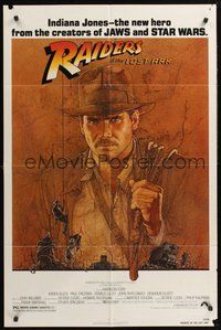 1w724 RAIDERS OF THE LOST ARK 1sh '81 great art of adventurer Harrison Ford by Richard Amsel!