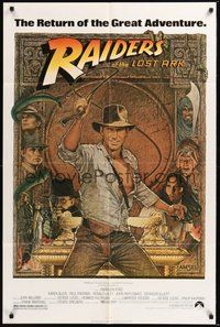 1w725 RAIDERS OF THE LOST ARK 1sh R82 great art of adventurer Harrison Ford by Richard Amsel!