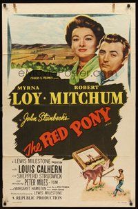 1w731 RED PONY 1sh R57 Robert Mitchum is Myrna Loy's ranch hand, written by John Steinbeck!