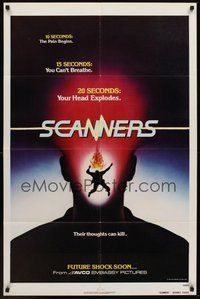 1w761 SCANNERS advance teaser 1sh '81 David Cronenberg, in 20 seconds your head explodes!