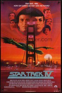 1w822 STAR TREK IV 1sh '86 cool art of Leonard Nimoy & William Shatner by Bob Peak!