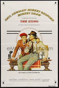 1w827 STING 1sh '74 best artwork of con men Paul Newman & Robert Redford by Richard Amsel!