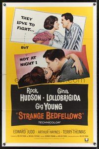 1w828 STRANGE BEDFELLOWS 1sh '65 Gina Lollobrigida & Rock Hudson love to fight, but not at night!